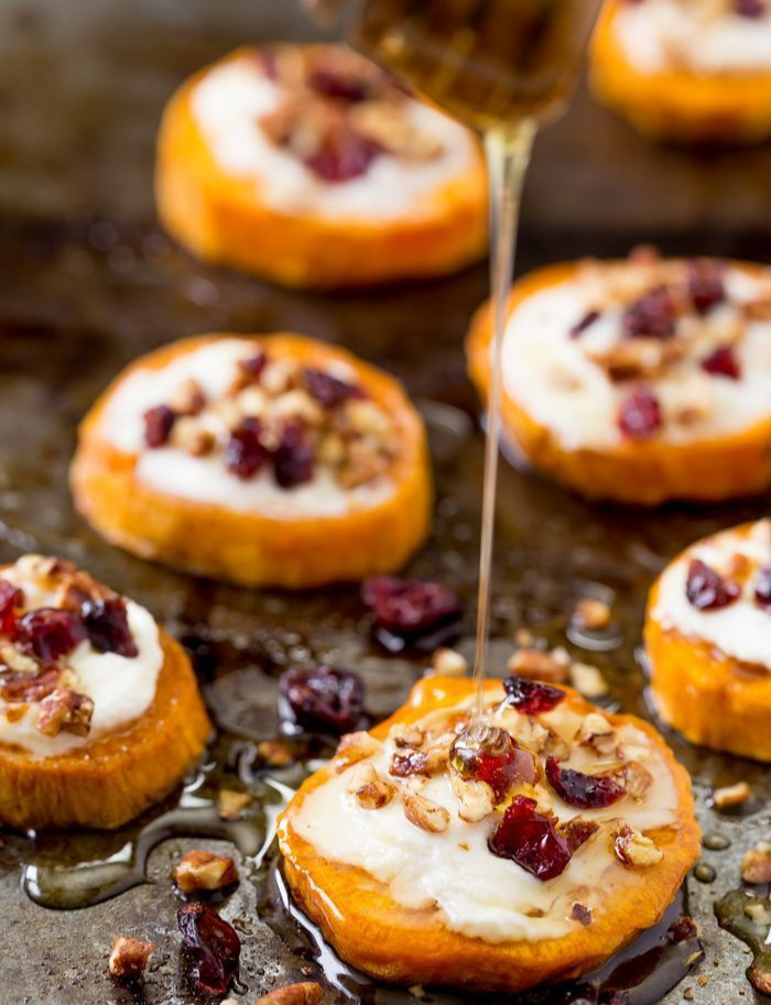 Sweet Potato Rounds with Goat Cheese and Honey