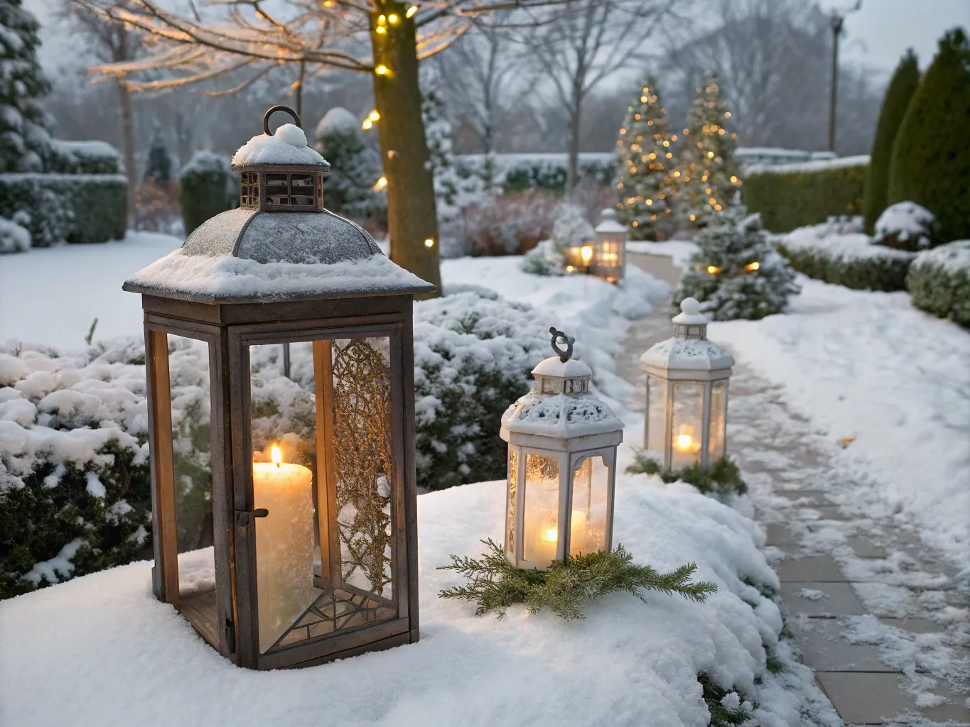 Snow-Covered Lantern Display