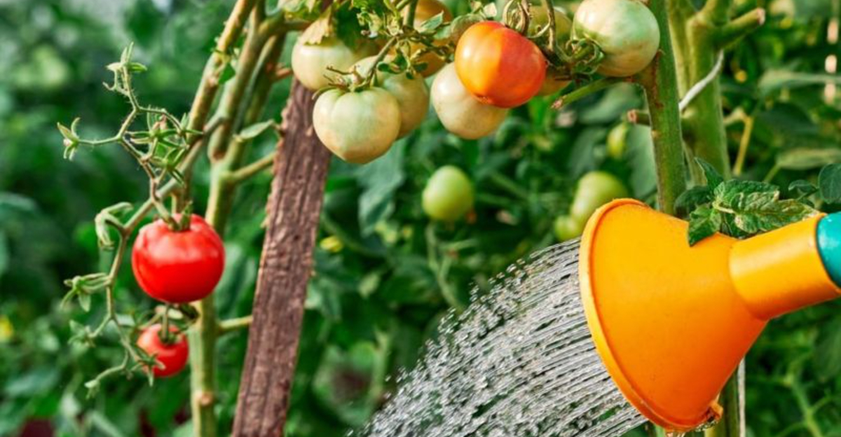 Wilted tomato plants in a backyard Louisiana garden struggling under summer heat and humidity