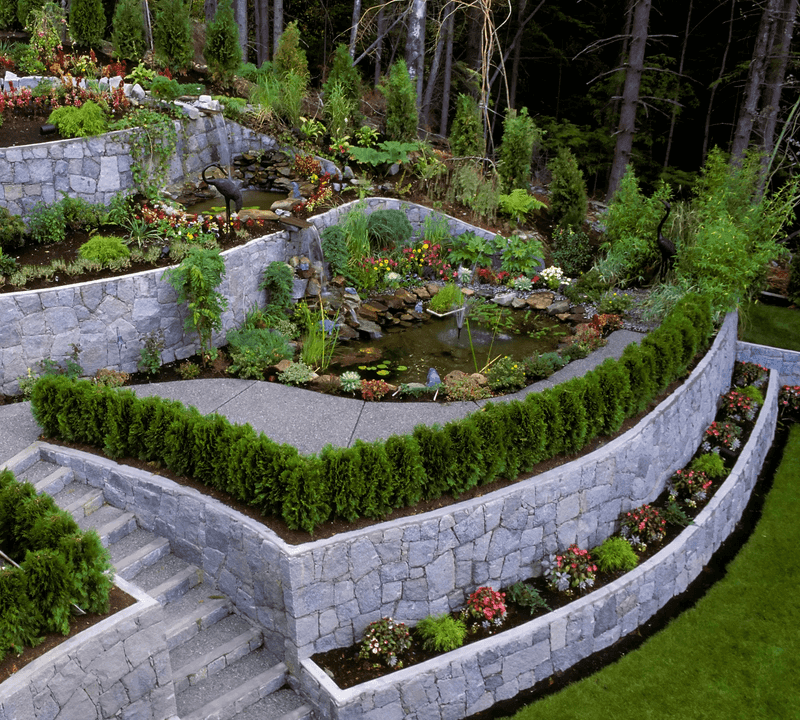 Stone Wall with Built-In Planters