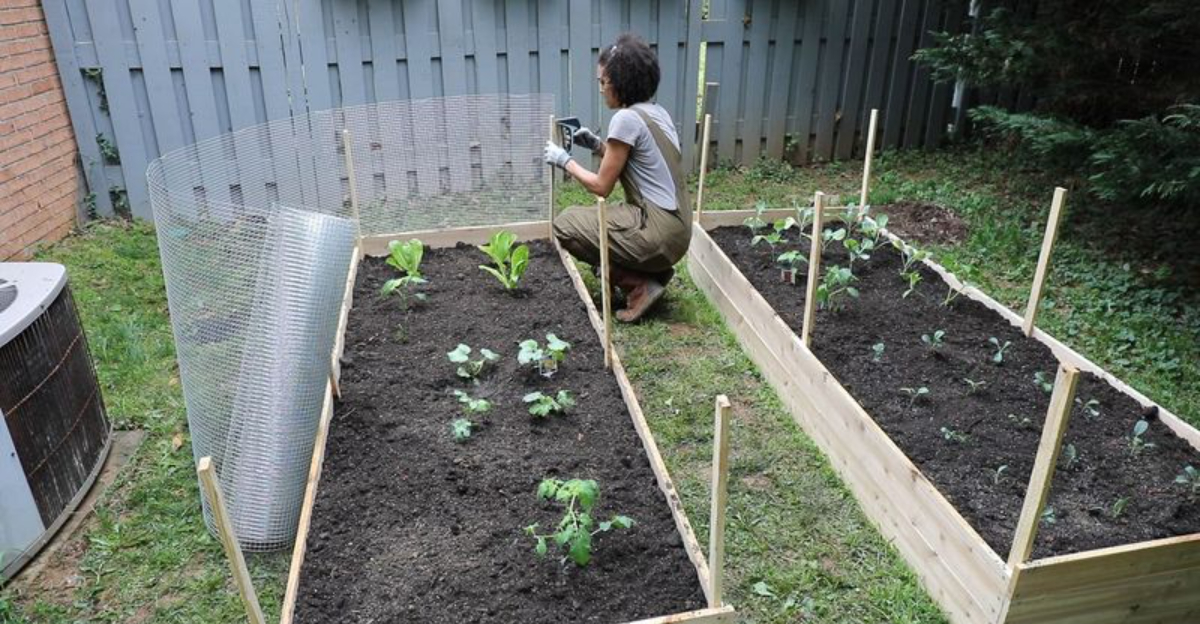 “Raised garden beds in a Michigan backyard during spring with vegetables growing”