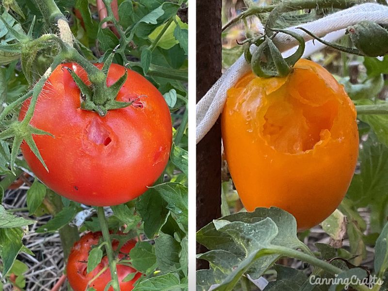 Harvest cracked tomatoes promptly and skip damaged fruit in the canner Harvest cracked tomatoes promptly and skip damaged fruit in the canner