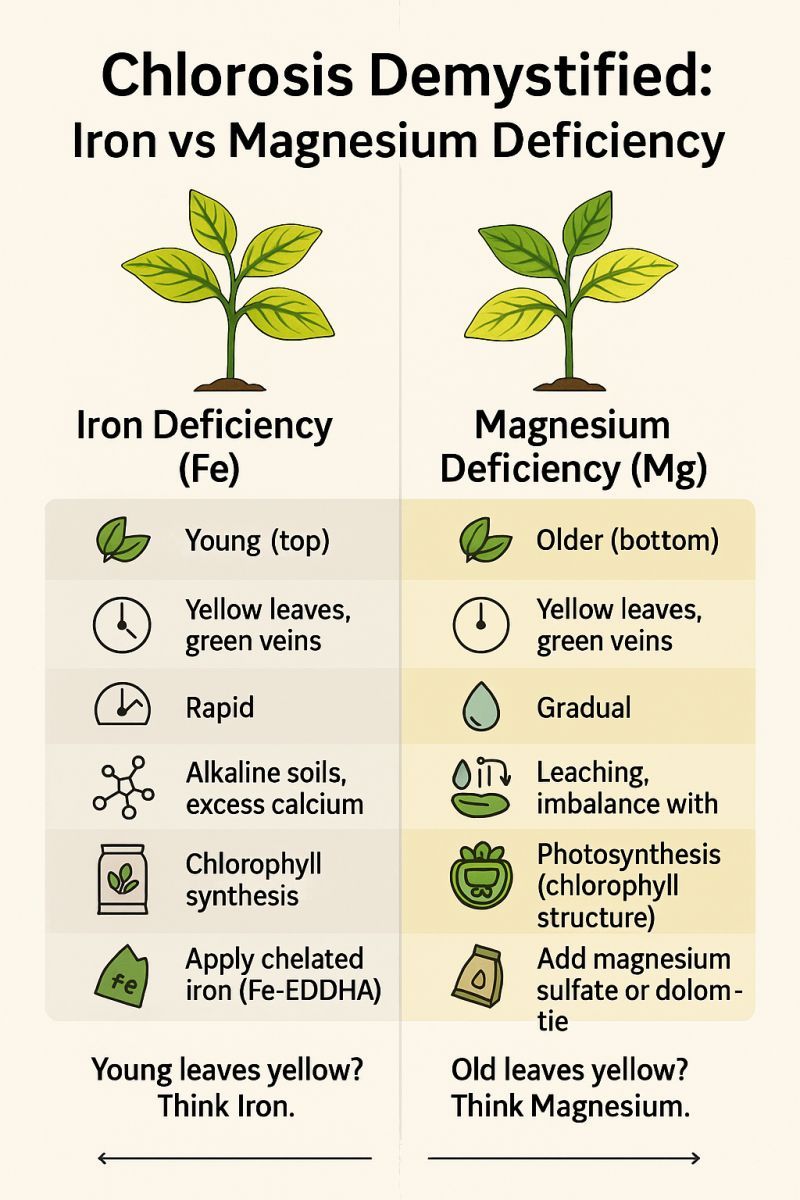 Leaf age and vein color distinguish possible magnesium and iron problems Leaf age and vein color distinguish possible magnesium and iron problems