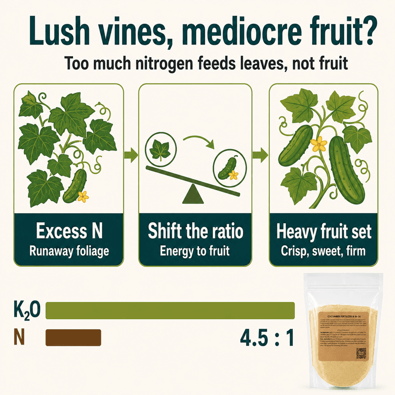 Too much nitrogen can produce leaves instead of cucumbers