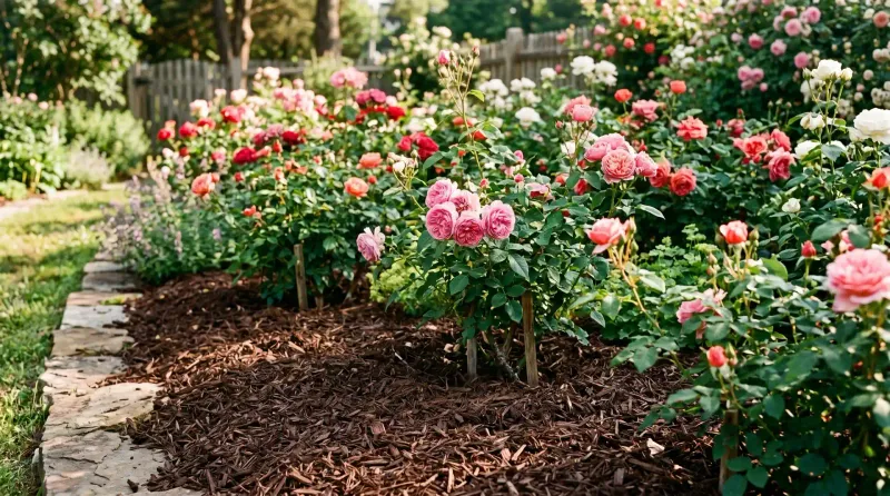 Use mulch to steady the soil, not bury the rose