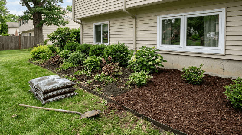 Level foundation beds often favor substantial, longer-lasting wood mulch