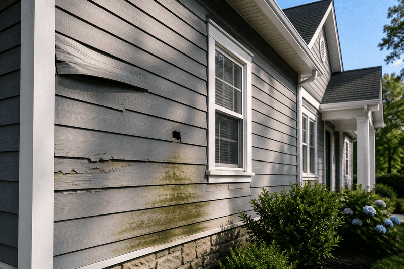 Identify the siding and inspect what the discoloration may be hiding
