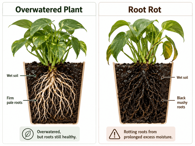Inspect the soil and roots before watering again