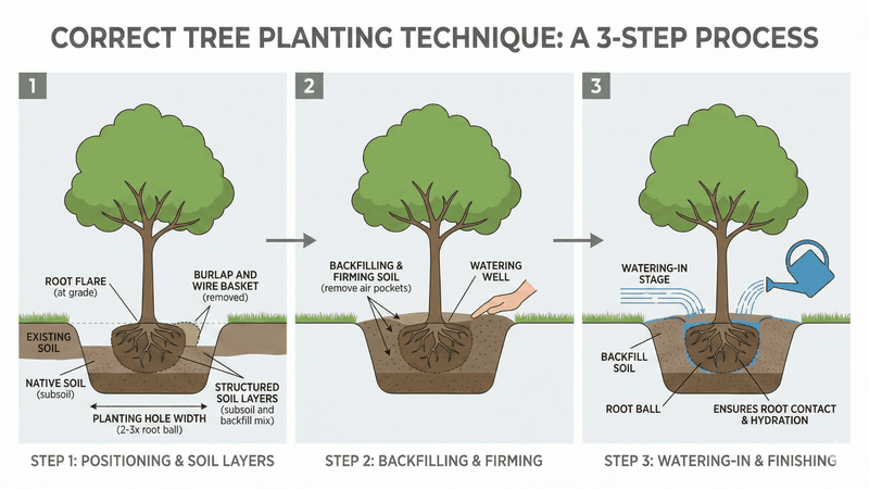 Plant the root ball wide, shallow, and correctly