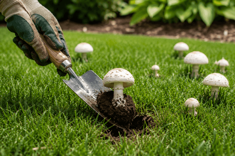 Remove visible mushrooms for safety, not as a cure