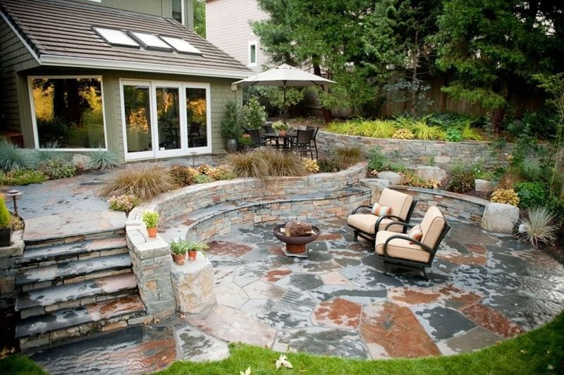 Stone seat walls and low terraces