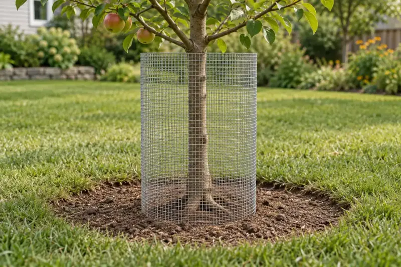 A hardware-cloth guard can protect a vulnerable young tree