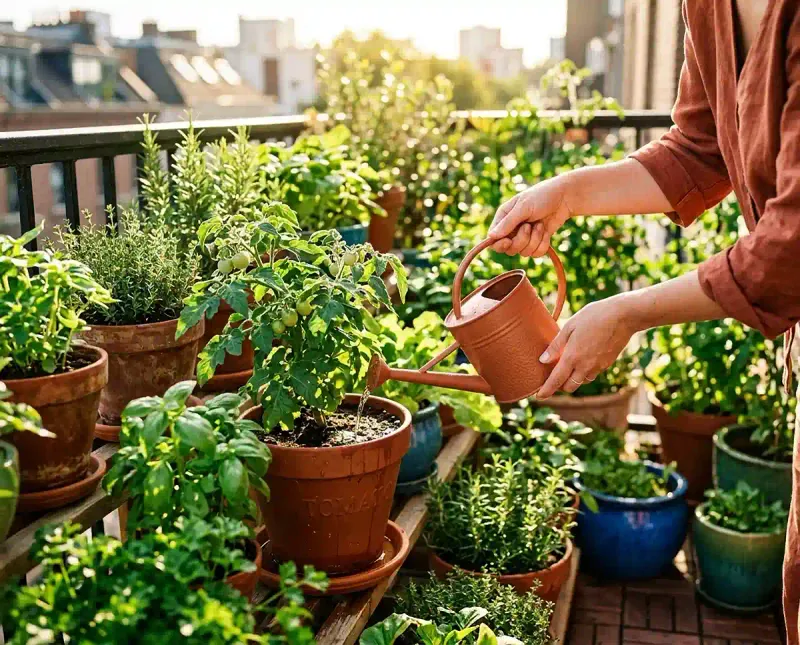 Account for rain, then water thoroughly and let pots drain