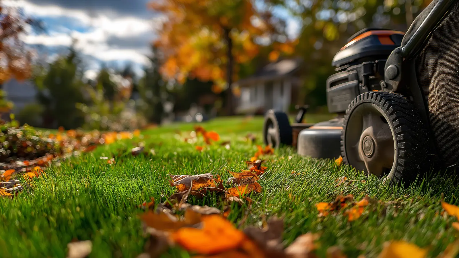 Mow dry leaves as they fall instead of waiting for a deep accumulation Mow dry leaves as they fall instead of waiting for a deep accumulation