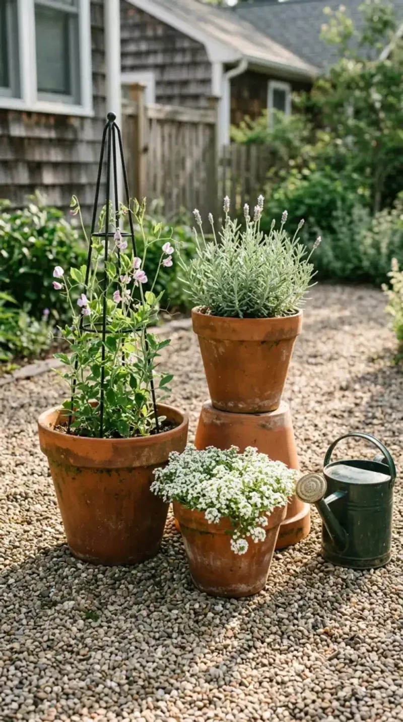 Stacked pots, trays, and garden clutter